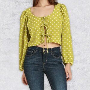 LEVI’S NWT Tie-Front Blouse Daisy Print Long Sleeve Cropped Fit Vibrant Green XL